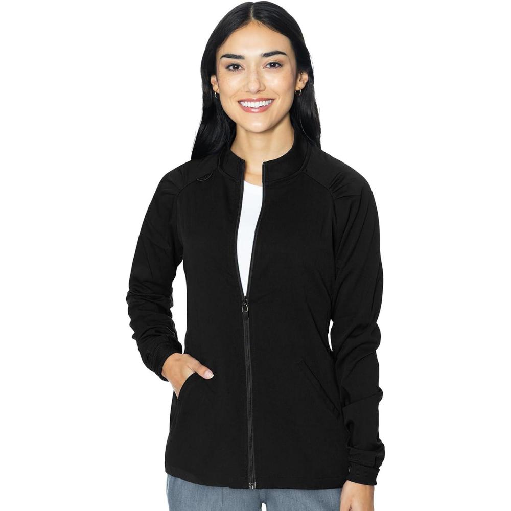 imageMed Couture Womens Scrub WarmUp Jacket Raglan with 4 Pockets with Ultra Soft and Durable Fabric MC7660Black