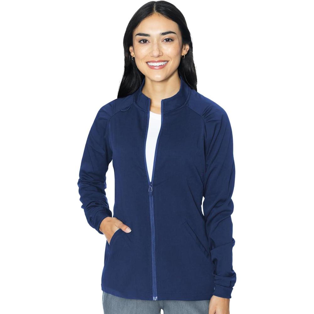 imageMed Couture Womens Scrub WarmUp Jacket Raglan with 4 Pockets with Ultra Soft and Durable Fabric MC7660Navy
