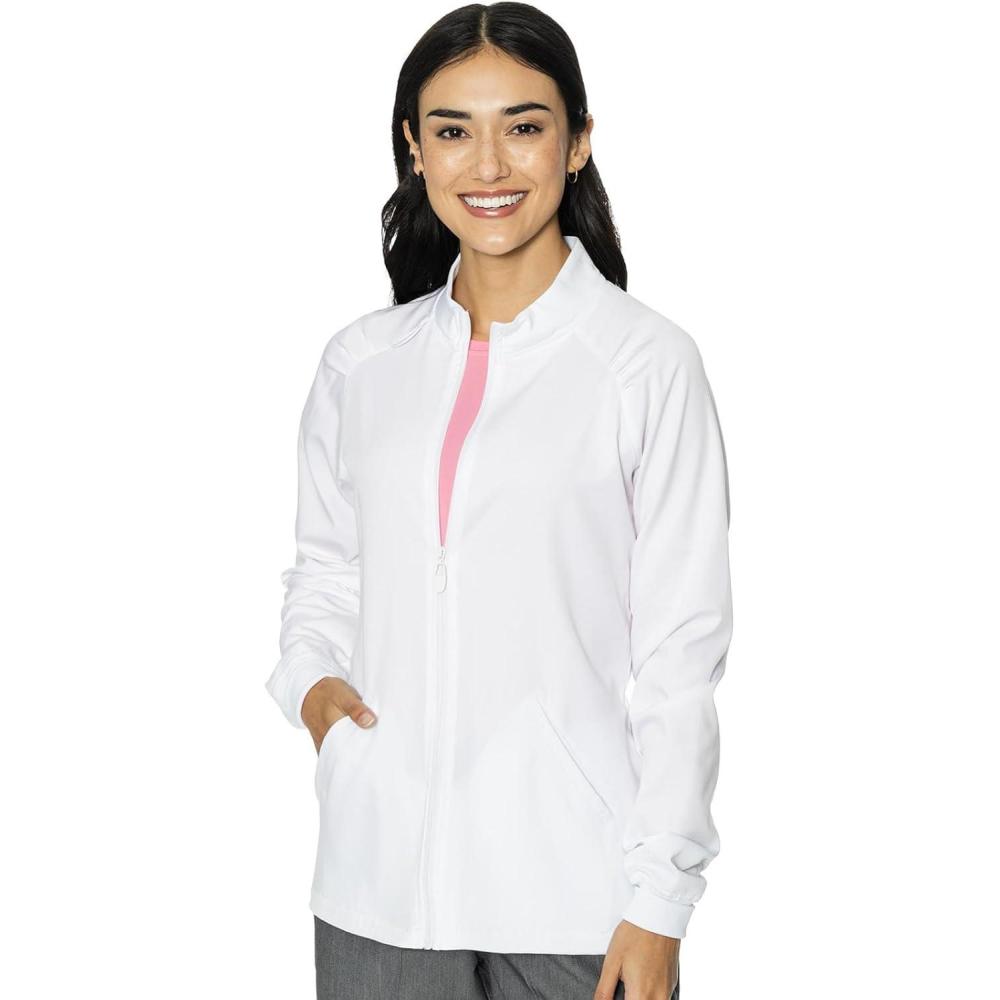 imageMed Couture Womens Scrub WarmUp Jacket Raglan with 4 Pockets with Ultra Soft and Durable Fabric MC7660White