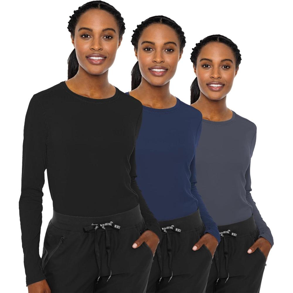 imageMed Couture Womens Underscrub Top Long Sleeve Performance Knit Tee 360 Stretch Lightweight amp Ultra Soft Fabric MC8499Black Navy Pewter 3 Pack