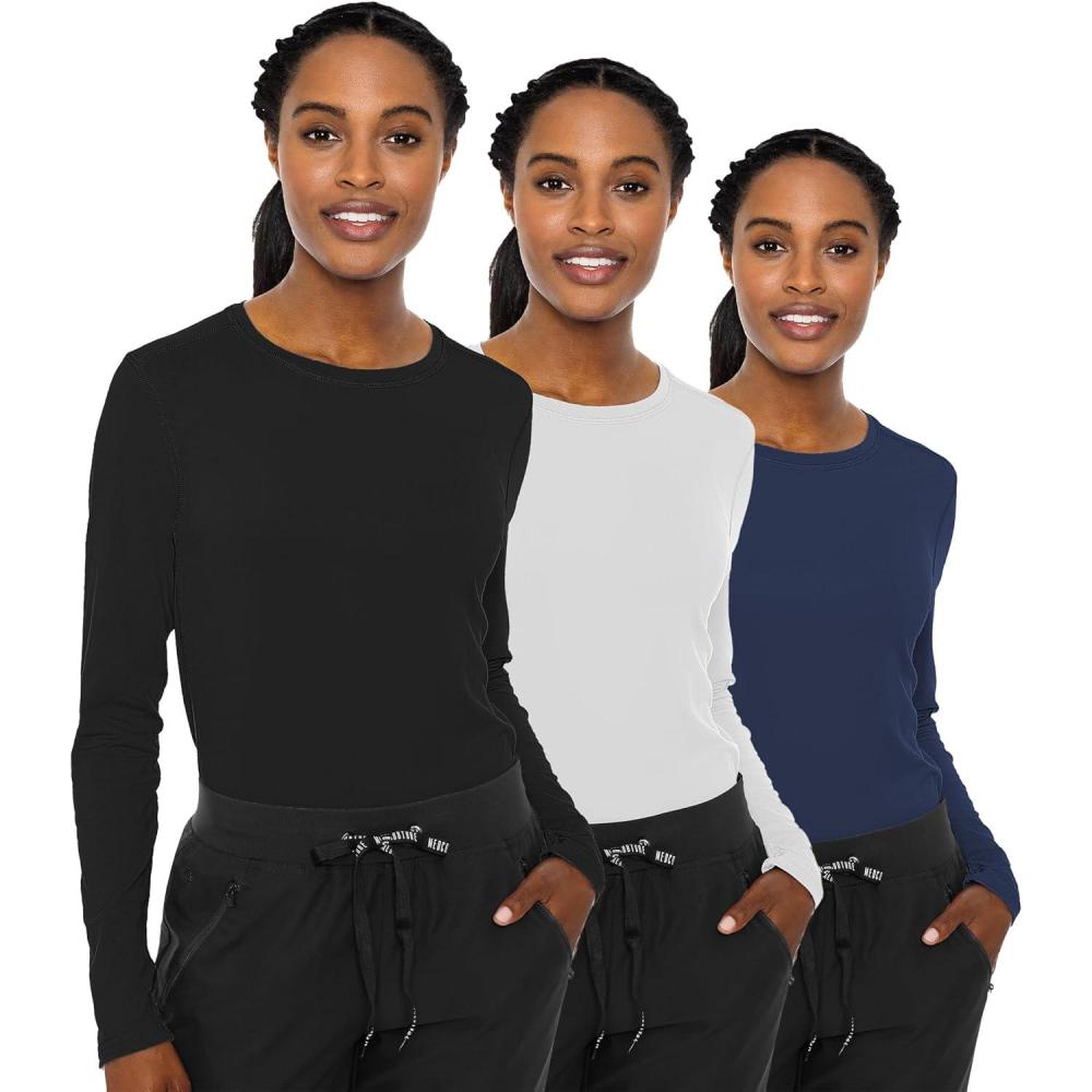 imageMed Couture Womens Underscrub Top Long Sleeve Performance Knit Tee 360 Stretch Lightweight amp Ultra Soft Fabric MC8499Black White Navy 3 Pack