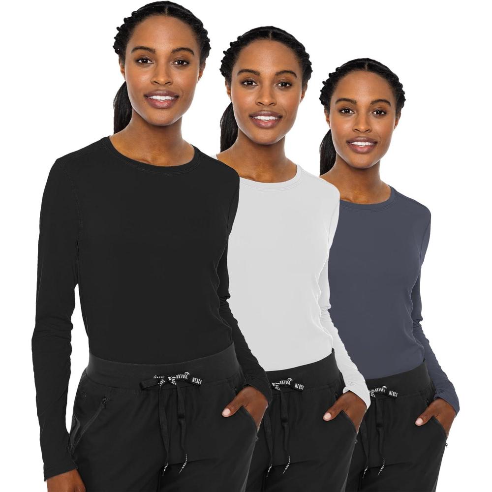 imageMed Couture Womens Underscrub Top Long Sleeve Performance Knit Tee 360 Stretch Lightweight amp Ultra Soft Fabric MC8499Black White Pewter 3 Pack