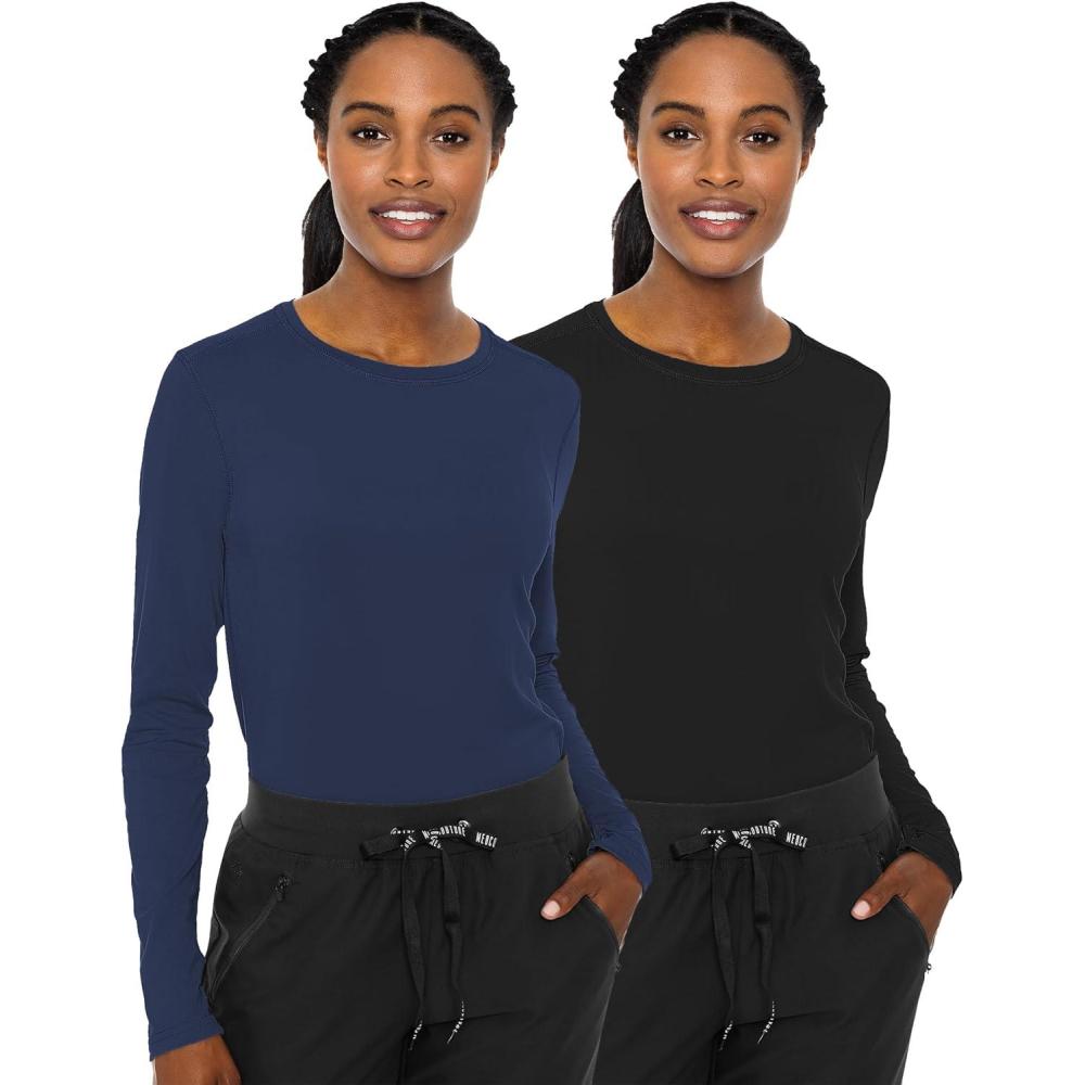 imageMed Couture Womens Underscrub Top Long Sleeve Performance Knit Tee 360 Stretch Lightweight amp Ultra Soft Fabric MC8499Navy Black 2 Pack