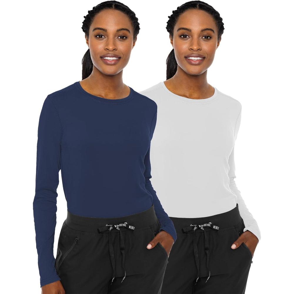 imageMed Couture Womens Underscrub Top Long Sleeve Performance Knit Tee 360 Stretch Lightweight amp Ultra Soft Fabric MC8499Navy White 2 Pack