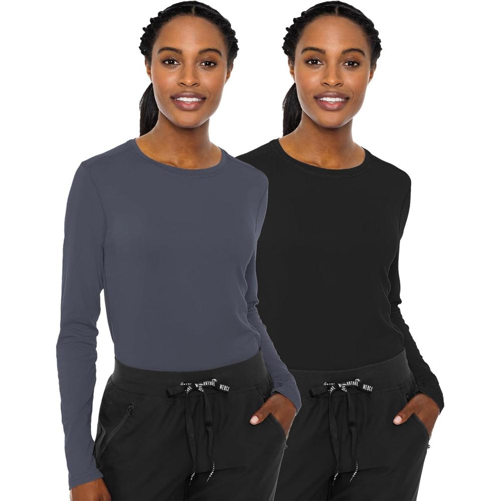 imageMed Couture Womens Underscrub Top Long Sleeve Performance Knit Tee 360 Stretch Lightweight amp Ultra Soft Fabric MC8499Pewter Black 2 Pack