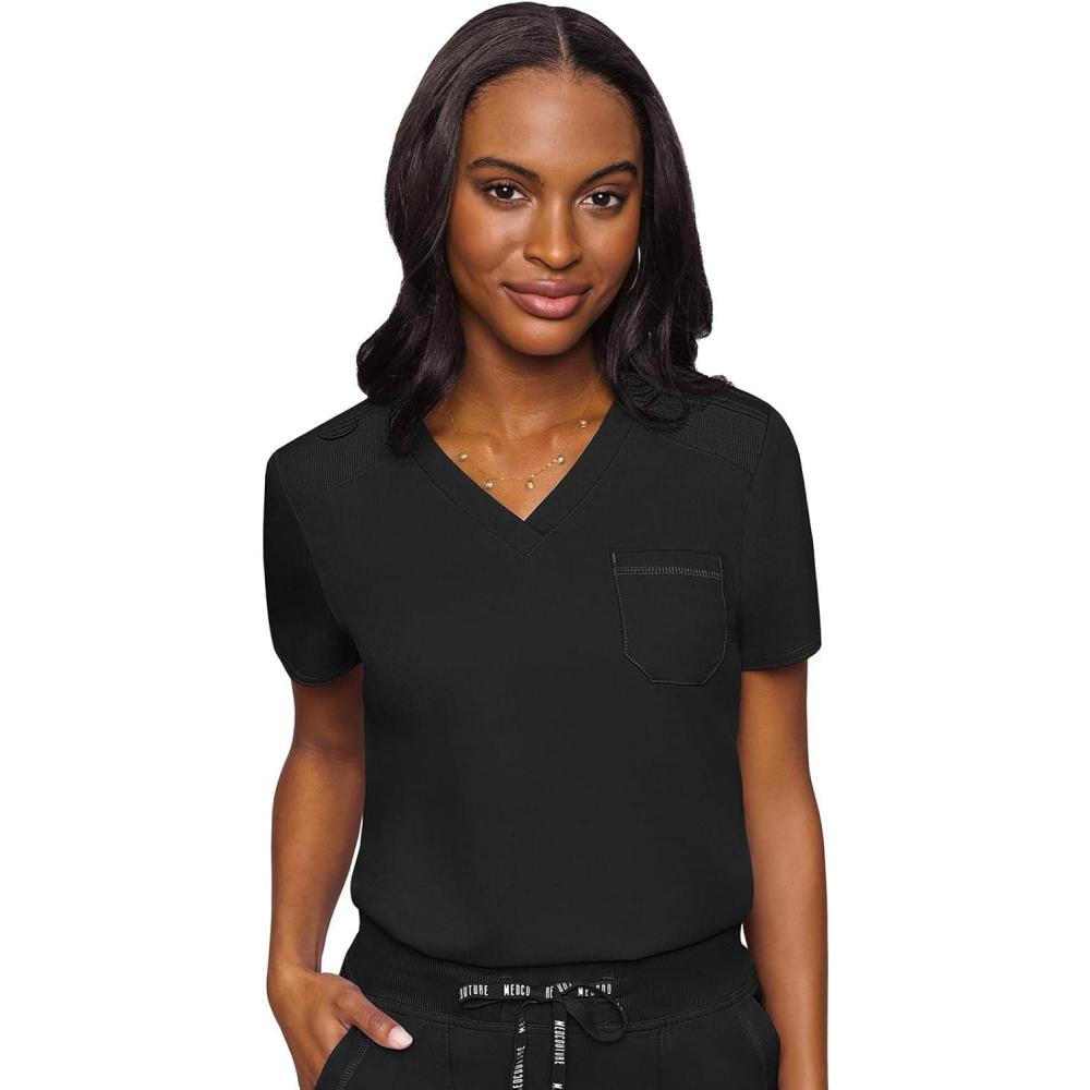 imageMed Couture Womens VNeck Scrub Top Modern Fit Tuckin Top with Stretchy RibKnit Shoulders and Chest Pocket MC7448Black