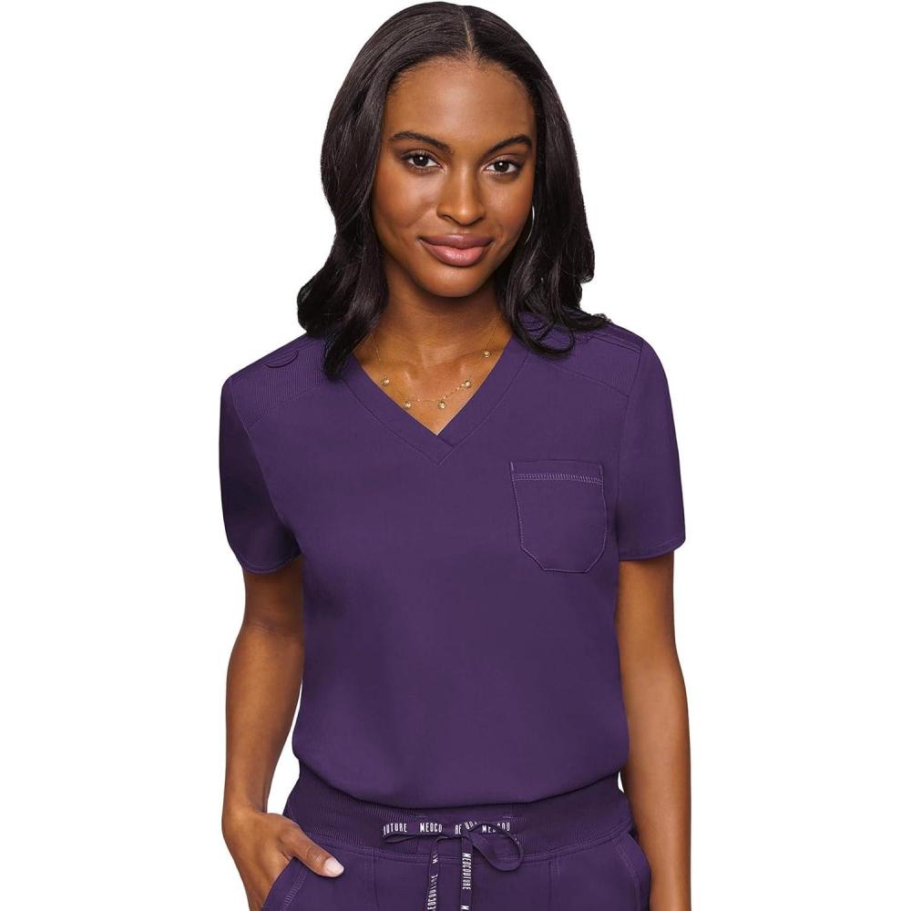 imageMed Couture Womens VNeck Scrub Top Modern Fit Tuckin Top with Stretchy RibKnit Shoulders and Chest Pocket MC7448Eggplant