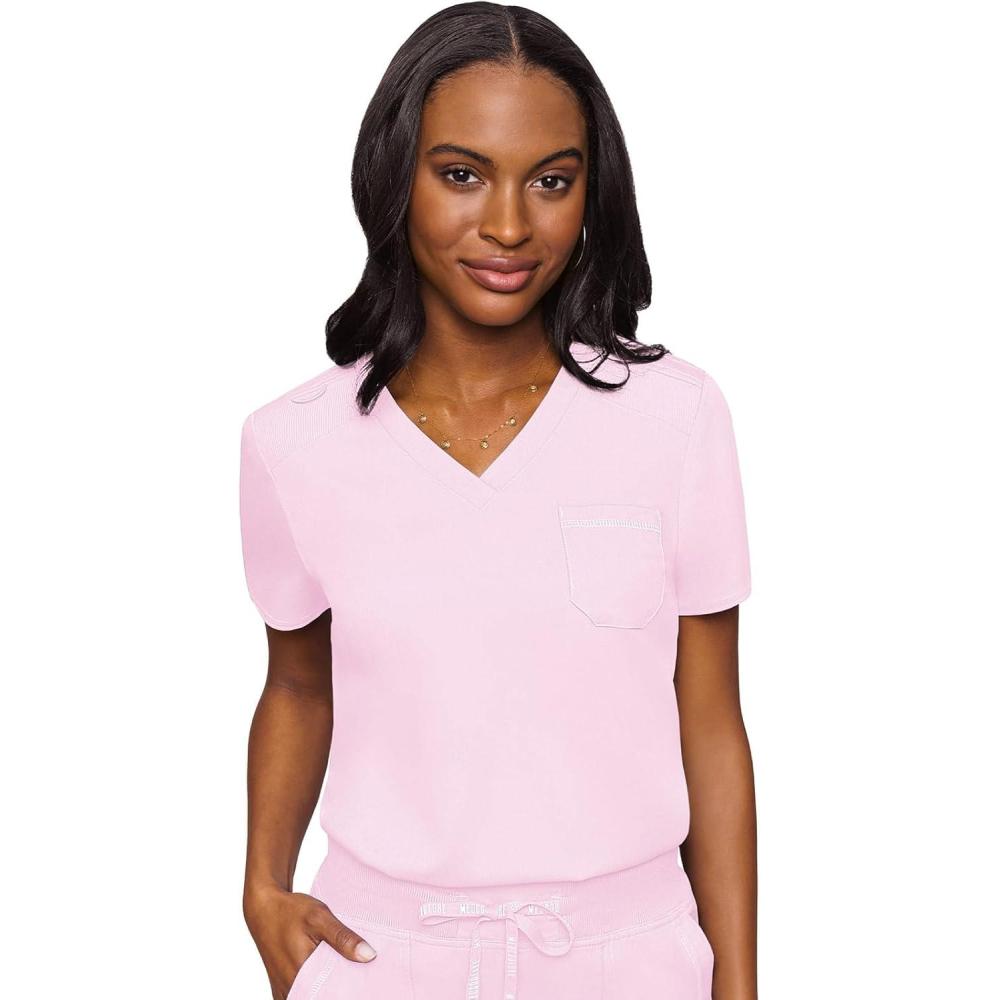imageMed Couture Womens VNeck Scrub Top Modern Fit Tuckin Top with Stretchy RibKnit Shoulders and Chest Pocket MC7448Ice Pink