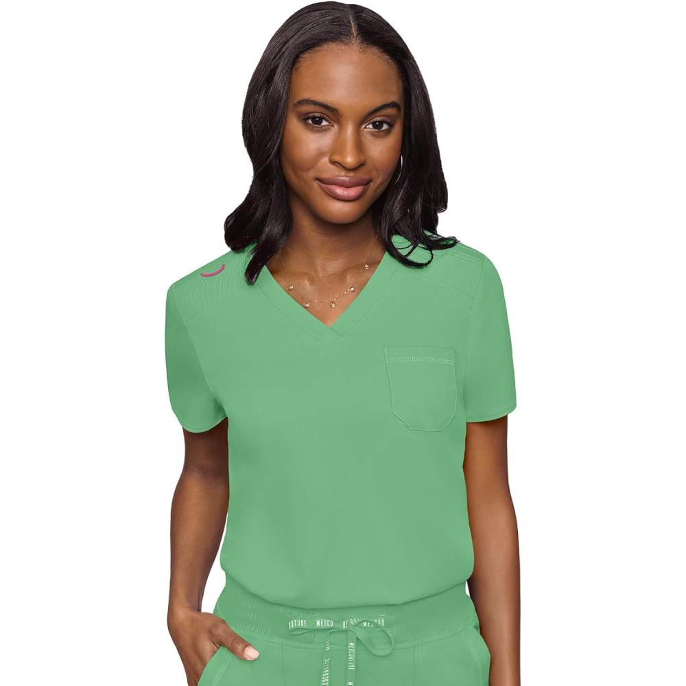 imageMed Couture Womens VNeck Scrub Top Modern Fit Tuckin Top with Stretchy RibKnit Shoulders and Chest Pocket MC7448Kiwi Lime