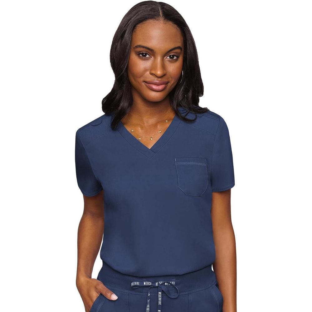 imageMed Couture Womens VNeck Scrub Top Modern Fit Tuckin Top with Stretchy RibKnit Shoulders and Chest Pocket MC7448Navy