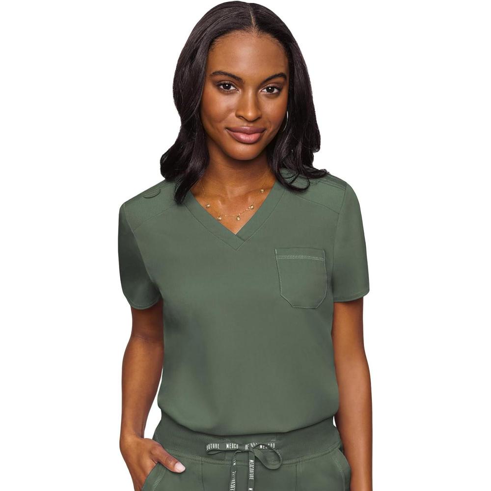imageMed Couture Womens VNeck Scrub Top Modern Fit Tuckin Top with Stretchy RibKnit Shoulders and Chest Pocket MC7448Olive