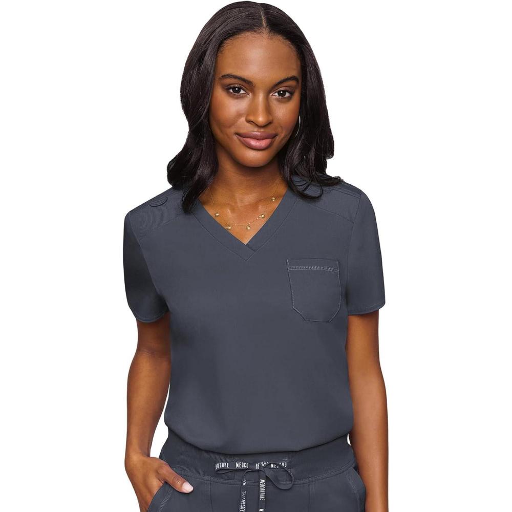 imageMed Couture Womens VNeck Scrub Top Modern Fit Tuckin Top with Stretchy RibKnit Shoulders and Chest Pocket MC7448Pewter