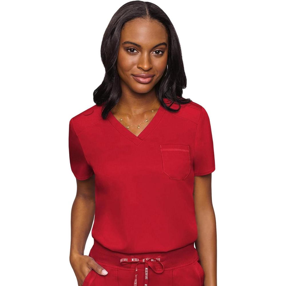 imageMed Couture Womens VNeck Scrub Top Modern Fit Tuckin Top with Stretchy RibKnit Shoulders and Chest Pocket MC7448Red