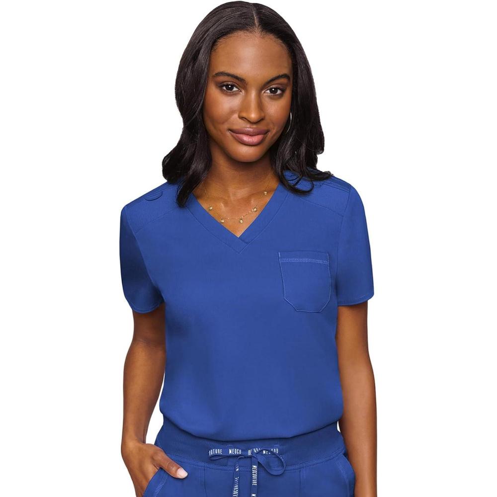 imageMed Couture Womens VNeck Scrub Top Modern Fit Tuckin Top with Stretchy RibKnit Shoulders and Chest Pocket MC7448Royal