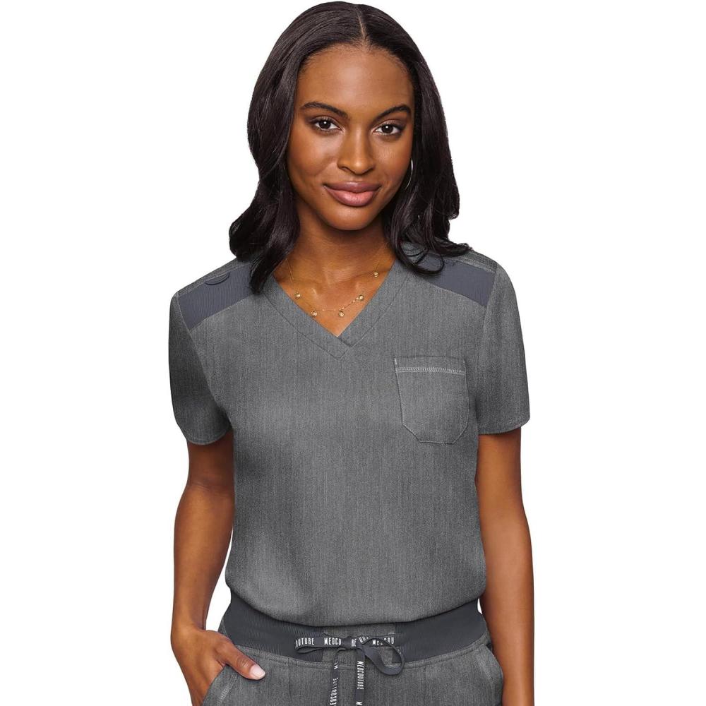 imageMed Couture Womens VNeck Scrub Top Modern Fit Tuckin Top with Stretchy RibKnit Shoulders and Chest Pocket MC7448Slate