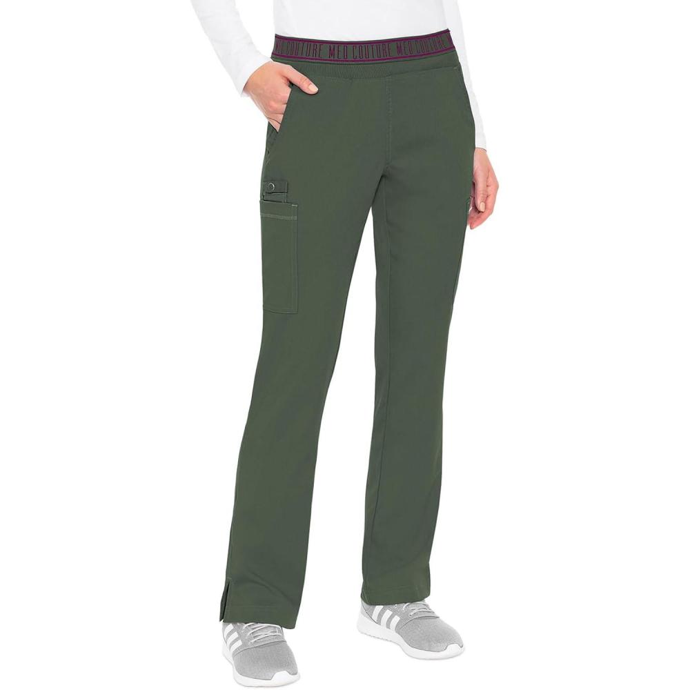 imageMed Couture Womens Yoga PullOn Pant with 7 Pockets UltraSoft RibKnit Waistband and 2Way Stretch Technology MC7739Olive