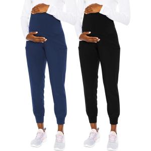 Med Couture Maternity Jogger Scrub Pants for Women, High Rise Waist, 4 Pockets with Soft Knit Waistband – MC029(Navy / Black – 2 Pack)