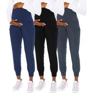 Med Couture Maternity Jogger Scrub Pants for Women, High Rise Waist, 4 Pockets with Soft Knit Waistband – MC029(Navy / Black / Pewter – 3 Pack)