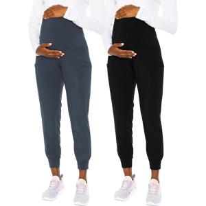 Med Couture Maternity Jogger Scrub Pants for Women, High Rise Waist, 4 Pockets with Soft Knit Waistband – MC029(Pewter / Black – 2 Pack)