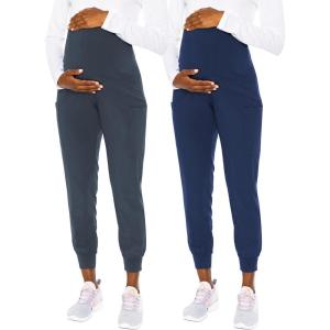Med Couture Maternity Jogger Scrub Pants for Women, High Rise Waist, 4 Pockets with Soft Knit Waistband – MC029(Pewter / Navy – 2 Pack)