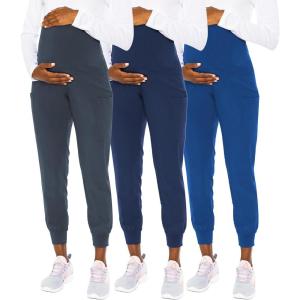Med Couture Maternity Jogger Scrub Pants for Women, High Rise Waist, 4 Pockets with Soft Knit Waistband – MC029(Pewter / Navy / Royal – 3 Pack)