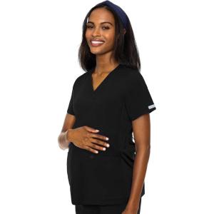 Med Couture Maternity V-Neck Scrub Top – Soft 360° Stretch Pregnancy Scrubs with Adjustable Waist & Pockets – MC8459(Black)