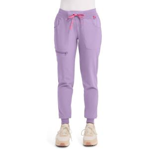 Med Couture Scrub Pants for Women Mid Rise Scrub Jogger with 5 Pockets Rib-Knit Cuffs with Drawstring Waistband MC102(Digital Lavender)