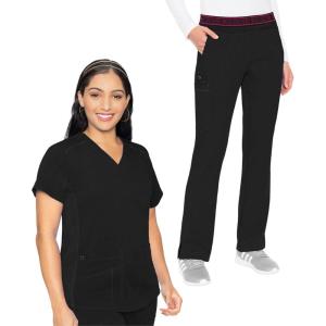 Med Couture Scrub Set For Women, 11 Pockets with V-Neck Scrub Top MC7459 and Comfortable Scrub Pants, MC7739(Black)