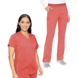 Med Couture Scrub Set For Women, 11 Pockets with V-Neck Scrub Top MC7459 and Comfortable Scrub Pants, MC7739(Coral)