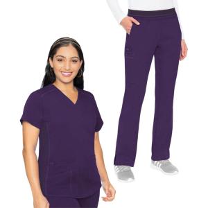 Med Couture Scrub Set For Women, 11 Pockets with V-Neck Scrub Top MC7459 and Comfortable Scrub Pants, MC7739(Eggplant)