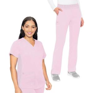 Med Couture Scrub Set For Women, 11 Pockets with V-Neck Scrub Top MC7459 and Comfortable Scrub Pants, MC7739(Ice Pink)