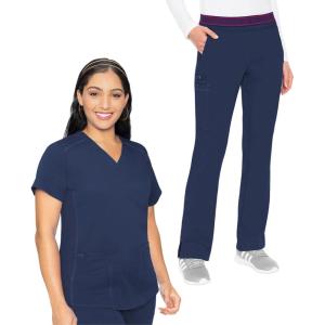 Med Couture Scrub Set For Women, 11 Pockets with V-Neck Scrub Top MC7459 and Comfortable Scrub Pants, MC7739(Navy)