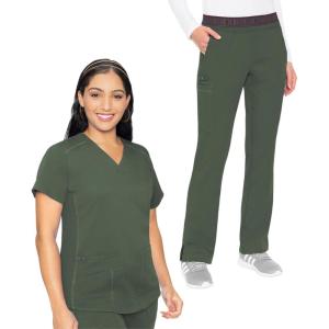 Med Couture Scrub Set For Women, 11 Pockets with V-Neck Scrub Top MC7459 and Comfortable Scrub Pants, MC7739(Olive)
