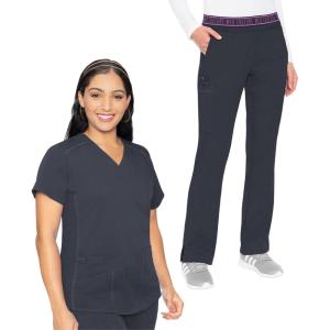 Med Couture Scrub Set For Women, 11 Pockets with V-Neck Scrub Top MC7459 and Comfortable Scrub Pants, MC7739(Pewter)