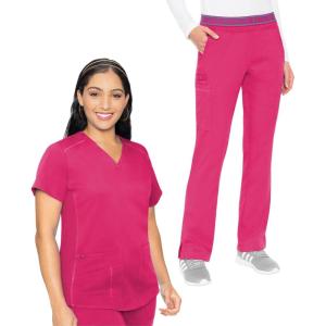 Med Couture Scrub Set For Women, 11 Pockets with V-Neck Scrub Top MC7459 and Comfortable Scrub Pants, MC7739(Pink Punch)