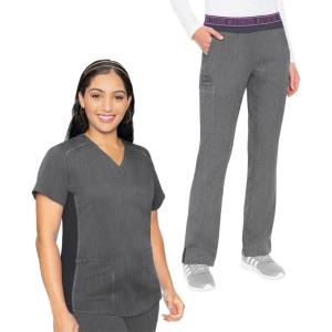 Med Couture Scrub Set For Women, 11 Pockets with V-Neck Scrub Top MC7459 and Comfortable Scrub Pants, MC7739(Slate)