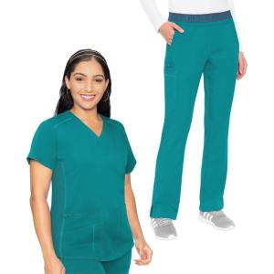 Med Couture Scrub Set For Women, 11 Pockets with V-Neck Scrub Top MC7459 and Comfortable Scrub Pants, MC7739(Teal)