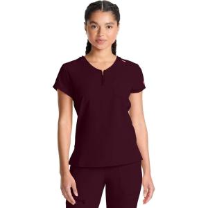 Med Couture Scrubs top for Women Medical Quarter Zip V-Neck Scrub Top Tuckable with Chest Pocket and Rounded Hem – MC705(Wine)