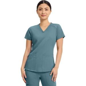Med Couture V-Neck Scrub Top for Women with 4 Pockets, Rib-Knit Side Panel, and Shirttail Hem MC7459(Blue Jean Baby)