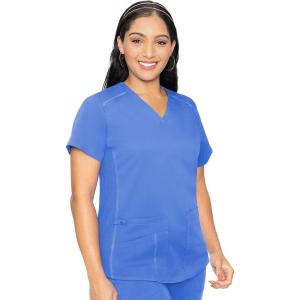 Med Couture V-Neck Scrub Top for Women with 4 Pockets, Rib-Knit Side Panel, and Shirttail Hem MC7459(Ciel)