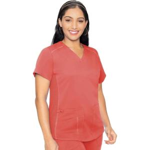 Med Couture V-Neck Scrub Top for Women with 4 Pockets, Rib-Knit Side Panel, and Shirttail Hem MC7459(Coral)