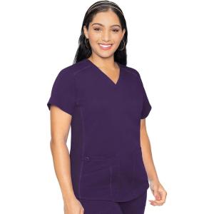 Med Couture V-Neck Scrub Top for Women with 4 Pockets, Rib-Knit Side Panel, and Shirttail Hem MC7459(Eggplant)