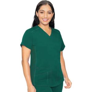 Med Couture V-Neck Scrub Top for Women with 4 Pockets, Rib-Knit Side Panel, and Shirttail Hem MC7459(Hunter Green)