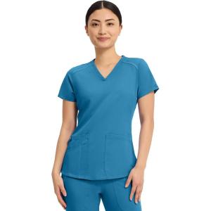 Med Couture V-Neck Scrub Top for Women with 4 Pockets, Rib-Knit Side Panel, and Shirttail Hem MC7459(Mali-blue Shore)