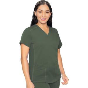 Med Couture V-Neck Scrub Top for Women with 4 Pockets, Rib-Knit Side Panel, and Shirttail Hem MC7459(Olive)