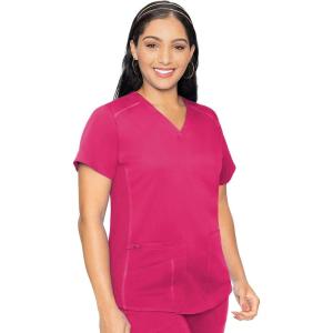 Med Couture V-Neck Scrub Top for Women with 4 Pockets, Rib-Knit Side Panel, and Shirttail Hem MC7459(Pink Punch)