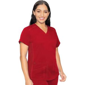 Med Couture V-Neck Scrub Top for Women with 4 Pockets, Rib-Knit Side Panel, and Shirttail Hem MC7459(Red)