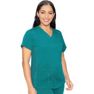 Med Couture V-Neck Scrub Top for Women with 4 Pockets, Rib-Knit Side Panel, and Shirttail Hem MC7459(Teal)