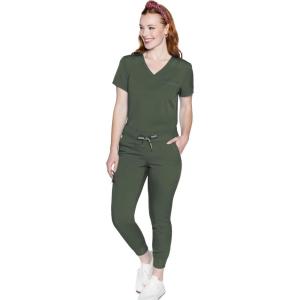Med Couture Women’s Scrub Set with V- Neck Scrub Top MC7448 and 2-Way Stretch Pants MC7710(Olive)