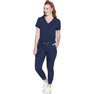 Med Couture Women’s Scrub Set with V-Neck Tuckable Top & 5-Pocket Jogger Pant, Ultra Soft 2-Way Stretch Fabric – MC00001C(Navy)